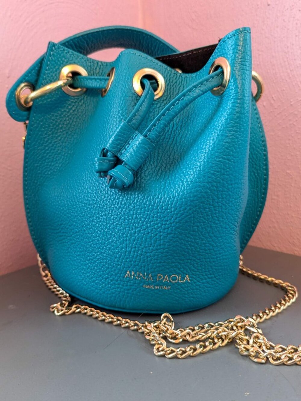 Anna Paola Teal Leather Bucket Bag
